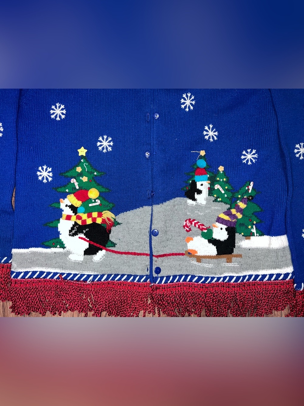 Karen Scott Blue Holiday Penguin Button-Front Cardigan